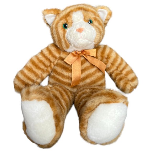 CUTEST EVER! Striped Orange Tabby Cat Blue-Green Eyes Orange Bow Plush 15" x 13" - Picture 5 of 9